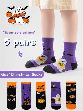 5 双儿童万圣节南瓜和鬼魂印花中筒袜（1-12 岁）- 柔软、舒适、百搭的男童中筒袜，适合日常和户外穿着