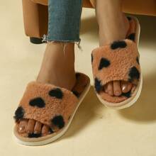 Women's Elegant Heart Pattern Plush Open-Toe Non-Slip Warm House Slippers, Autumn/Winter - Brown - View 5