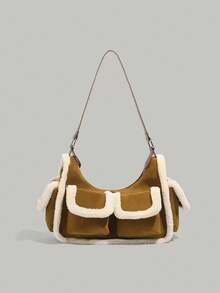 Korean Fashion Retro Faux Shearling & Suede Underarm Tote Bag For Women, Patchwork Shoulder Bag, Fluffy Commuter & Daily Casual Shopping Handbag - Brown - View 4