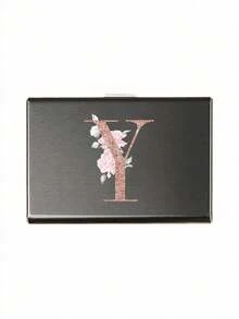 Estuche de tarjetas delgado con 6 ranuras para tarjetas, con patrón de iniciales de la A a la Z en color oro rosa, billetera portadora de identificación y tarjetas de crédito, minimalista y delgado de metal de aluminio, cartera RFID para mujeres y organizador de tarjetas de metal para hombres