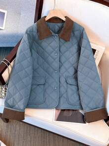 时尚拼布绗缝领宽松长袖棉服外套，带口袋和纽扣