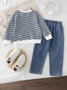 2 件套男童休闲条纹长袖运动衫和牛仔长裤套装，春秋季 - 彩色 - 查看 2