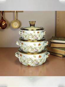 3pcs Enamel Coated Cookware Set: Milk Pot With Dual Handles, Enamel Bowl, Mini Pot, Soup Pot, Ramen Bowl, Small Hot Pot, Thick Enamel Pot, Dual Handle Pot Suitable For Induction Cooktop & Gas Stove, For Cooking Small Portions Or Food Preservation, Family Dinner Supplies, Party Supplies - Multi-color Gold-rimmed Enamel Pot - View 10