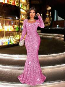 CHOSMO 新款秋季亮片长袖正式礼服，优雅修身高腰晚礼服，女士长款粉色春季派对婚纱礼服 - 粉色 - 查看 2