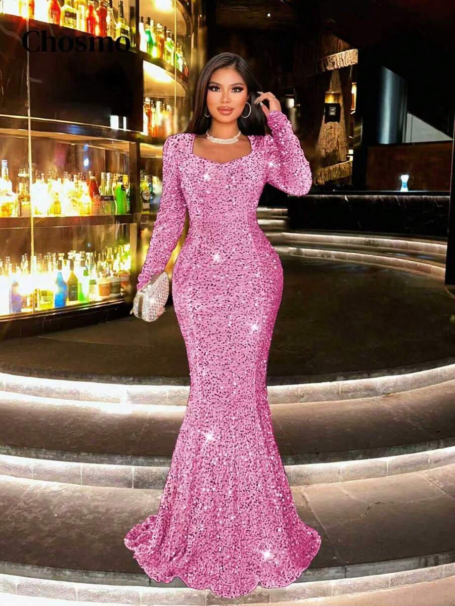 CHOSMO 新款秋季亮片长袖正式礼服，优雅修身高腰晚礼服，女士长款粉色春季派对婚纱礼服