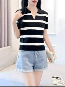 Camiseta casual de verano para mujer, moderna, de manga corta, con estampado a rayas de cereza - Rojo - Ver 8