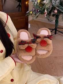 XIXITIAO 1 para uroczych pluszowych kapci z poroża renifera w kolorze czerwonym, unisexowe kapcie domowe z miękką podeszwą, kapcie dla pary, świąteczne płaskie kapcie z motywem renifera w kolorze czerwonym, wygodne i modne lekkie kapcie domowe - Brązowy - Zobacz 6