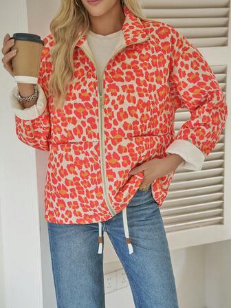 Women's Red Leopard Print Quilted Coat - Stand Collar Zip Front Drawstring Hem Casual Winter Daily Wear