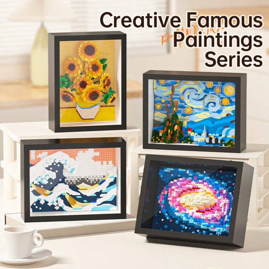 Set de blocuri de construcție din seria de rame foto cu 890+ piese, Valul Kanagawa, Noaptea înstelată de Van Gogh, Floarea-soarelui de Van Gogh, Galaxie, poate fi folosit ca decor artistic pentru birou, vitrină, mediu de birou, cadou ideal pentru Crăciun, Halloween, Ziua Recunoștinței, Anul Nou, ziua de naștere
