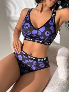 1 Set Halloween Skelett Kontrast Farbe Englisch Schleife Damen BH und Slip Set - Schwarz - Übersicht 6