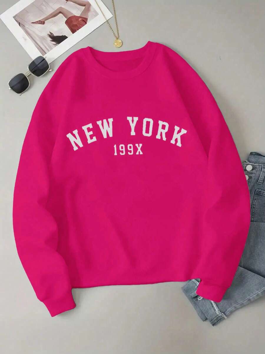 Sudadera mujer estampado letras sencillas New York 199x casual urbano  moderna manga larga cuello redondo felpa otoño invierno basica grafico letras - Rosa y blanco - Ver 1