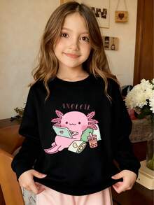 卡通墨西哥钝口螈印花圆领卫衣，休闲舒适，适合秋冬季节穿着，可爱服饰 - 黑色 - 查看 5