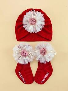 0-6个月婴儿四季花朵弹性头带帽子和袜子套装，新生儿无檐便帽礼盒，婴幼儿头饰配饰套装