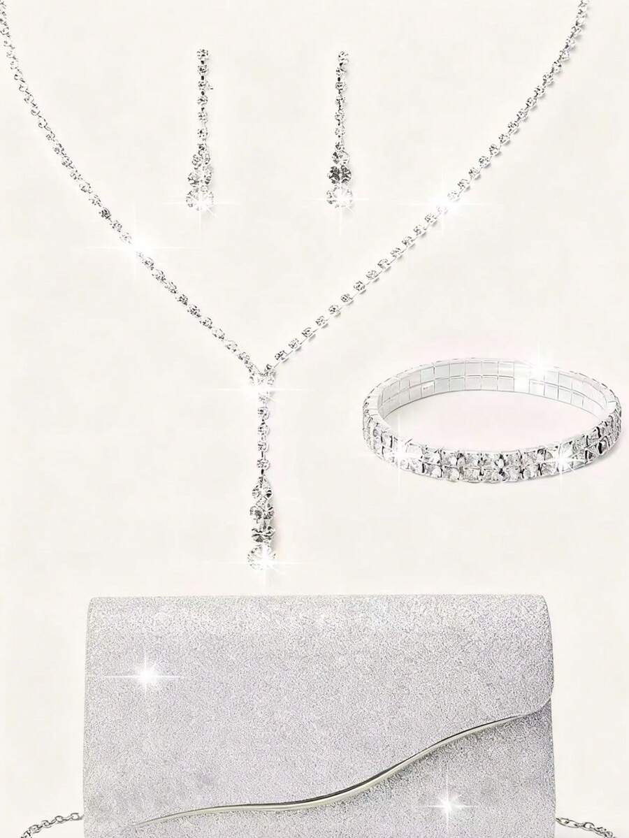 Rhinestone Jewelry Set Bling Necklace Earrings Bracelets Set For Women Evening Clutch Party Bridal Purse Elegant Silver Sparkling Glitter Flap Envelope Bag Women's Handheld Evening Metal Chain Bag Handbag Crossbody Purse Wedding Party Bag For Women And Girls