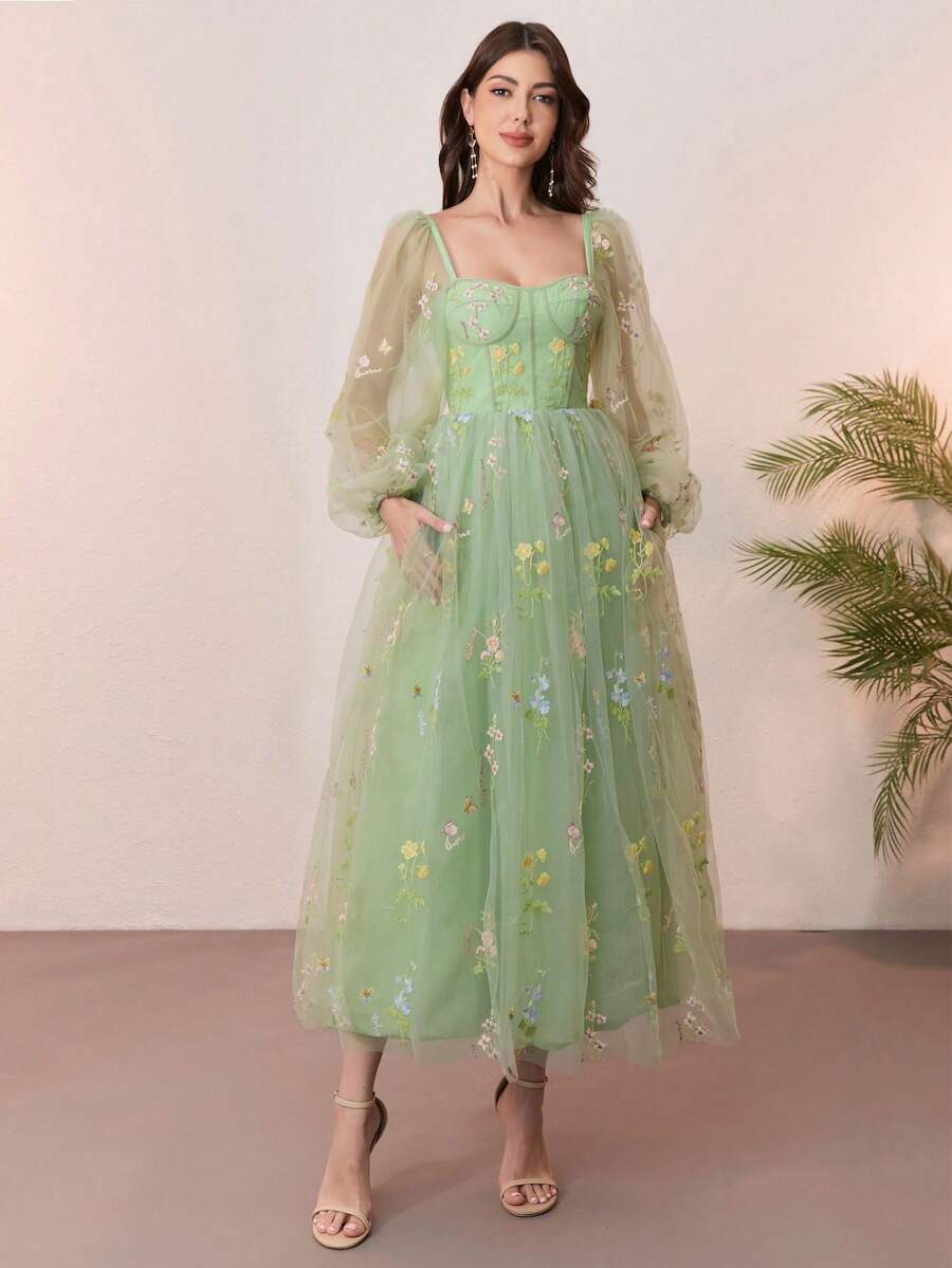 女士浪漫绿色舞会礼服,心形领口,花卉薄纱罩衫,泡泡长袖 - 橄欖綠 - 查看 1