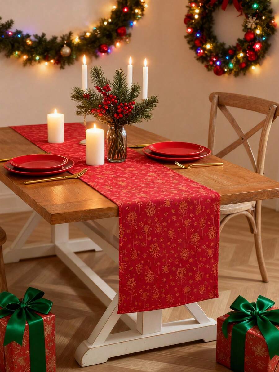 1pc Merry Christmas Red Table Runner, Foil Bell Pattern, Rectangular, Washable, For Sideboard, Shoe Cabinet, Dining Table, Party Tablecloth, Room Decor, Autumn/Winter Home Decor, Suitable For Farmhouse, Kitchen, Dining Room, Living Room, Gathering, Party, Holiday Decoration, Christmas, New Year - Red - View 1
