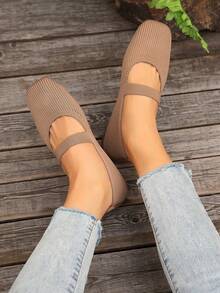 女士编织玛丽珍平底鞋，纯色方头鞋，舒适优雅针织休闲平底鞋，学生鞋，女士休闲鞋 - 卡其色 - 查看 3