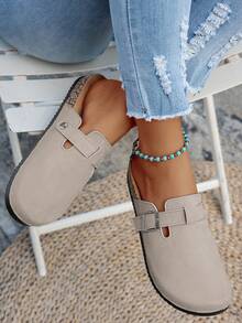 حذاء بيركنستوك مريح وغير قابل للانزلاق للنساء، سميك الوحدة، بتصميم مول مع إبزيم زخرفي، لون أحادي من الجلد المدبوغ الصناعي، صندل مسطح متعدد الاستخدامات للشاطئ والمنزل