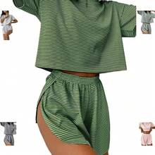 Split Short Pajama Set, Womens Striped Pajamas Set,Two Piece Set Striped Print Drop Shoulder Tee Wrap Split Shortshalloween - 綠色 - 查看 1