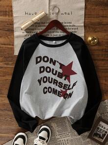 女士春秋新款休闲圆领棉质拼布印花长袖T恤 - 深花灰 - 查看 5