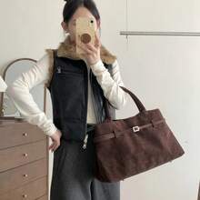 大容量绒面磨砂哑光手提包 欧美复古托特包设计感天鹅绒单肩包 - 咖啡棕 - 查看 1