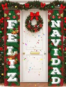 1 套西班牙语“Feliz Navidad”双语英语-西班牙语节日横幅，/金铃铛和花环图案 - 门墙装饰，适合圣诞节，新年前夜派对（易于悬挂），2D 平面，圣诞装饰，圣诞门装饰，圣诞派对装饰，户外圣诞横幅，圣诞装饰，圣诞墙背景，节日圣诞门横幅 - 彩色 - 查看 5