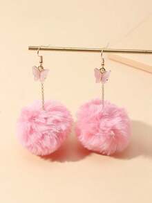 NAIZHU 1 Pair Pink Velvet Ball & Butterfly Dangle Earrings For Women, Cute Fashion Jewelry Accessory, Stylish Statement Earrings For Daily Wear Or Party, Sweet Lightweight Accessory, Perfect Gift Idea For Girls, Teens & Ladies - 粉色 - 查看 2