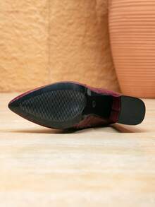 女士新款时尚鳄鱼纹酒红色高筒靴，粗跟尖头侧拉链连衣裙靴，适合秋冬季节，也适合万圣节、圣诞节、感恩节、新年等场合，及膝长靴 - 酒紅色 - 查看 10