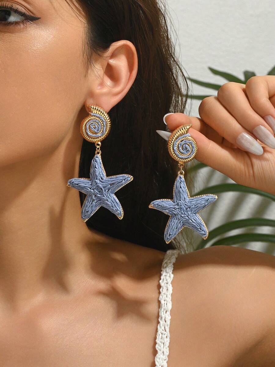 OOQ 1 Pair Handmade Bohemian Style Blue Raffia Grass Seashell & Starfish Tassel Earrings, Summer Beach Fashion Spiral Starfish Earrings, Suitable For Valentine's Day, Wedding Season, Mother's Day, Music Festival Celebration, Daily, Vacation, Party Wear (Handcrafted Raffia Grass Weaving, Shape And Direction Random) - Blue - View 1