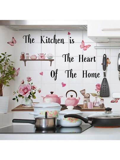 1pc Kitchen Tea Set Seasoning Bottle Rose Butterfly Creative Wall Sticker Suitable For Home Background Wall Decoration Bedroom Decoration Kitchen Decoration Restaurant Decoration Interesting Birthday Graduation Gift Holiday Decoration Sticker