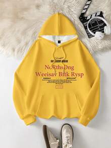 Letter Print Hooded Sweatshirt For Women, Loose Fit Casual Streetwear American Style Yellow Top, Autumn/Winter - Yellow - View 5