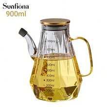 1pc Glass Oil Bottle, 500ml/700ml/900ml Large Capacity With Measurement Scale, Smooth Pouring Non-Drip, Kitchen Household Seasoning Bottle, Liquid Soy Sauce Vinegar Bottle, Seasoning Bottle, Christmas Decor