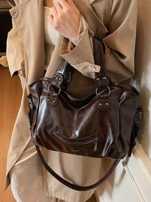 1 Túi xách tay cổ điển dung tích lớn, Túi đeo vai PU cổ điển, Túi tote thường ngày cho nữ và Ví - Cà phê nâu - Xem 4