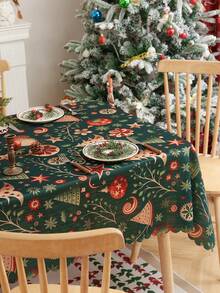 1 pieza Mantel navideño con estampado y relieve, cubierta de mesa de poliéster con tema navideño y adorno de encaje para sala de estar, dormitorio, cocina, decoración navideña