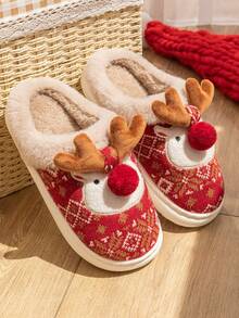 Pantuflas de felpa cálidas con puntera redonda con diseño de reno de dibujos animados, pantuflas interiores lindas con renos, regalo de Navidad a la moda