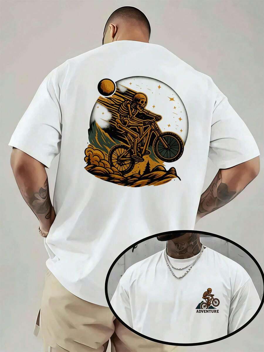 PLUS SIZE Skeleton Biker Graphic Tee Premium Double Sided Printed Cotton Blend Lightweight Regular Fit Modern Everyday  Timeless Wardrobe Piece