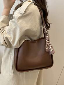 2pcs Vintage Silk Scarf Decor PU Solid Color Stitched Large Capacity Handheld Tote Bag, Portable Classic Casual, Suitable For Women, College Students, Office Workers, Applicable For Work, Back To School, Holidays And Multiple Occasions - Coffee - View 6
