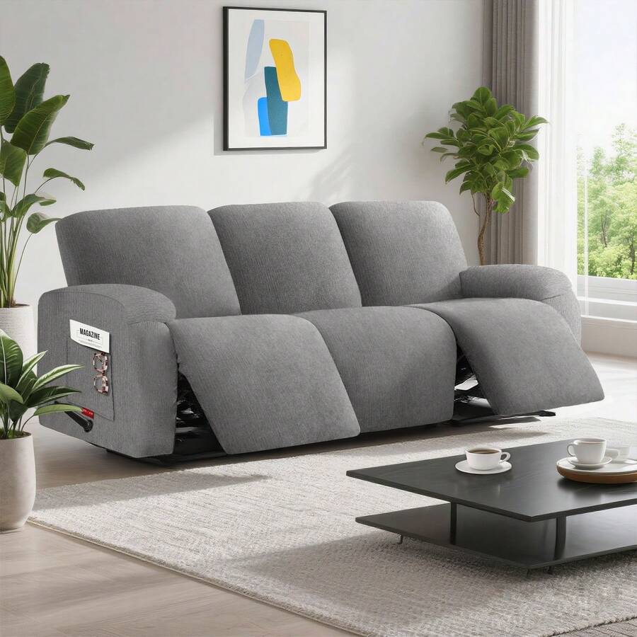 Stretch Recliner Sofa Cover - 5 Pieces Plush Fabric Slipcovers & Durable Furniture Protector For Reclining Couch, Ideal For Kids And Pets (3 Seater Light Grey) - 淺灰色 - 查看 1
