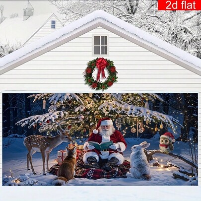 1 peça grande faixa de poliéster para porta de garagem de Natal, com paisagem de neve de inverno e estampa de Papai Noel e animais, durável e fácil de pendurar, adequada para decoração de parede de festas de Natal e Ano Novo
