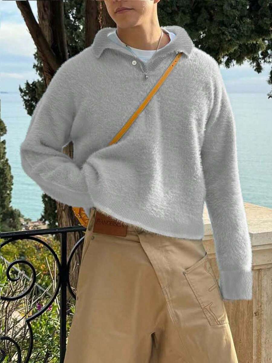 ANDREILEE Men's Casual Loose Fit Pullover Sweater, Collegiate Style Street Fashion, Long Sleeve, Ribbed Hem, Color Block, Warm And Versatile, Suitable For Spring, Autumn, Winter - Grey - View 1