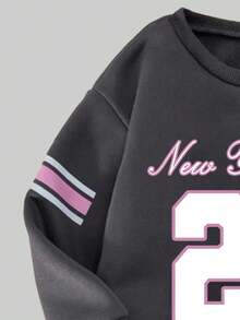 青少年女孩数字印花保暖圆领运动衫和裤子套装 - 黑色 - 查看 4