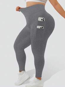 大码休闲运动瑜伽紧身裤，四口袋设计，修身剪裁，双层腰带，可折叠裤脚，适合春、夏、秋、冬四季穿着。 - 灰色 - 查看 4
