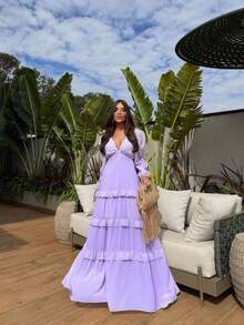 Women's Long Chiffon Dress With Long Sleeves, V-Neck, Ruffled Hem And Lining - 淡紫色 - 查看 1