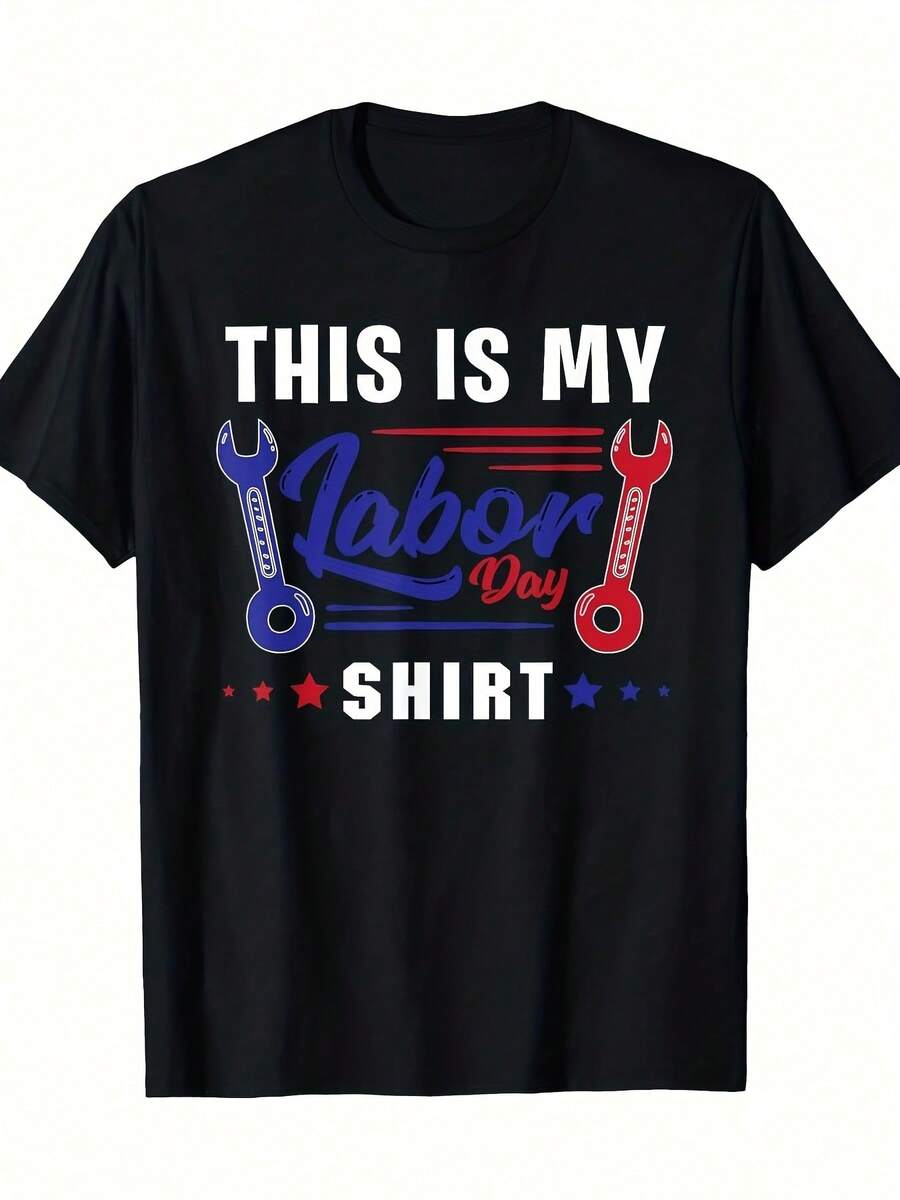 1pc Men's Patriotic Labor Day Cotton T-Shirt – This Is My Labor Day Shirt Wrench Design, Comfortable Short Sve Casual Tee With Red & Blue An Flag Print, Perfect Celeing L100 Percent Cotton Manfinity Men Mens Clothes 220g Heavy-Duty Pure Cotton T-Shirt, Fashionable And Comfortable Wo's Cotton T-Shirt - 黑色 - 查看 1