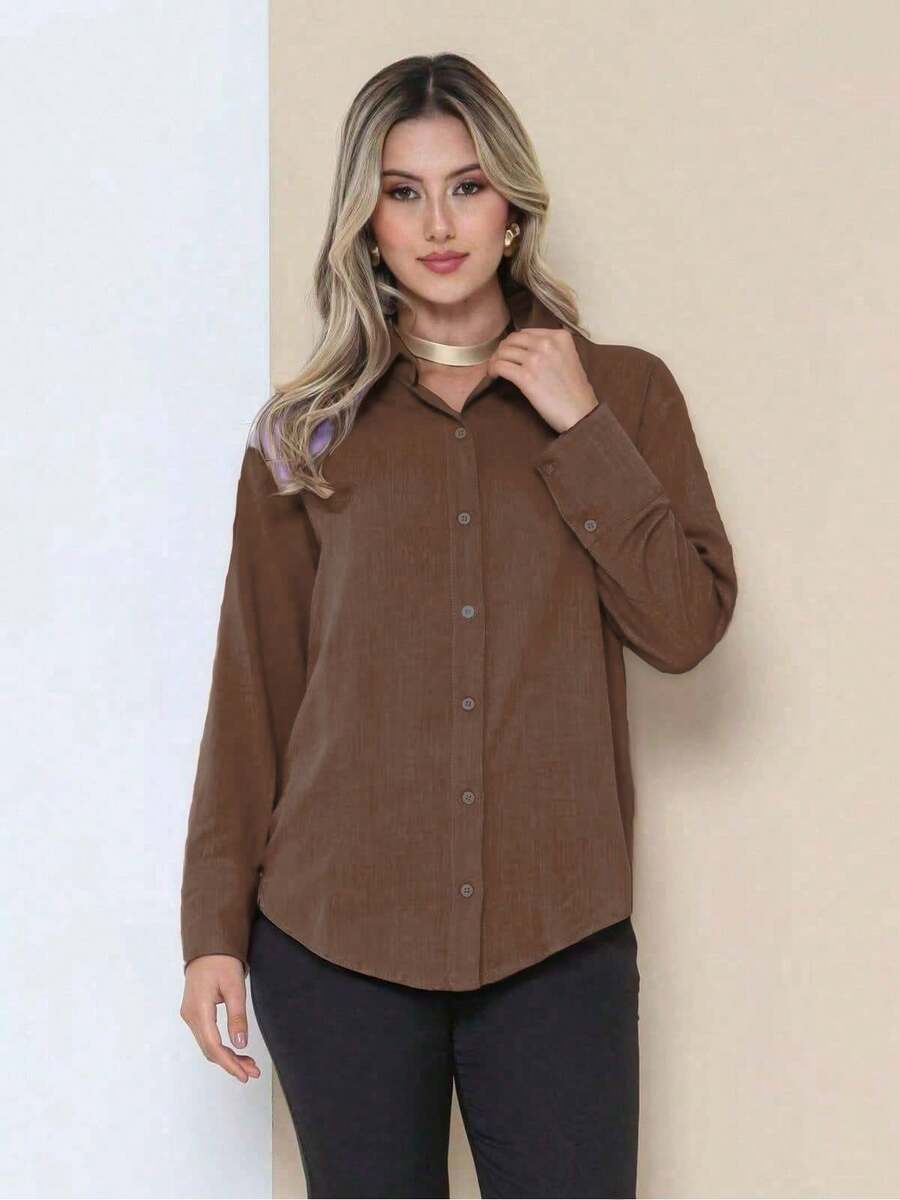 Women's Plain Viscose Shirt With Swallowtail Hem And Long Sleeves 3738# - 咖啡棕 - 查看 1