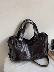 1 Túi xách tay cổ điển dung tích lớn, Túi đeo vai PU cổ điển, Túi tote thường ngày cho nữ và Ví - Cà phê nâu - Xem 5