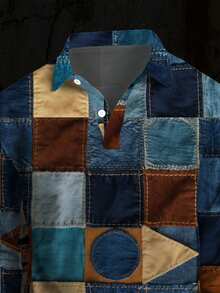 Men's Long Sleeve Polo Shirt, Blue & Brown Color Block Classic Polo Collar Button Design, Versatile For Daily Commute, Retro & Streetwear Style, Suitable For Autumn/Winter - Multicolor - View 3