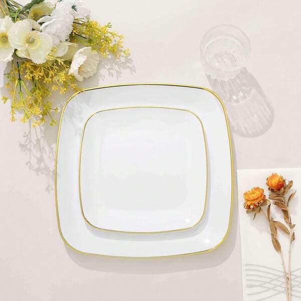 50/25/10/5/1 Piezas Platos cuadrados con borde blanco, vajilla con diseño redondeado de borde dorado premium, bandejas de servicio de 10.25" y 7.5", platos para postres, platos para ensaladas, adecuados para Navidad, bodas, fiestas, reuniones en el hogar, restaurantes, cocinas, exteriores, vacaciones y talla grande
