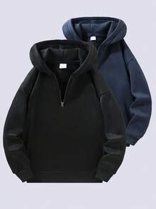 Men's Half-Zip Sweatshirt, Fashion Minimalist Solid Color Velvet Long Sleeve Sweatshirt, Autumn/Winter - Black - View 4