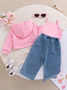 2-teiliges Set für Babymädchen: Süßer rosa Kapuzen-Sweatshirt mit Schleife & Träger-Top kombiniert mit Schleifenhose mit geradem Bein, modisches Outfit für Alltag, Outdoor, Schule, Pendeln, Urlaub, Fotografie